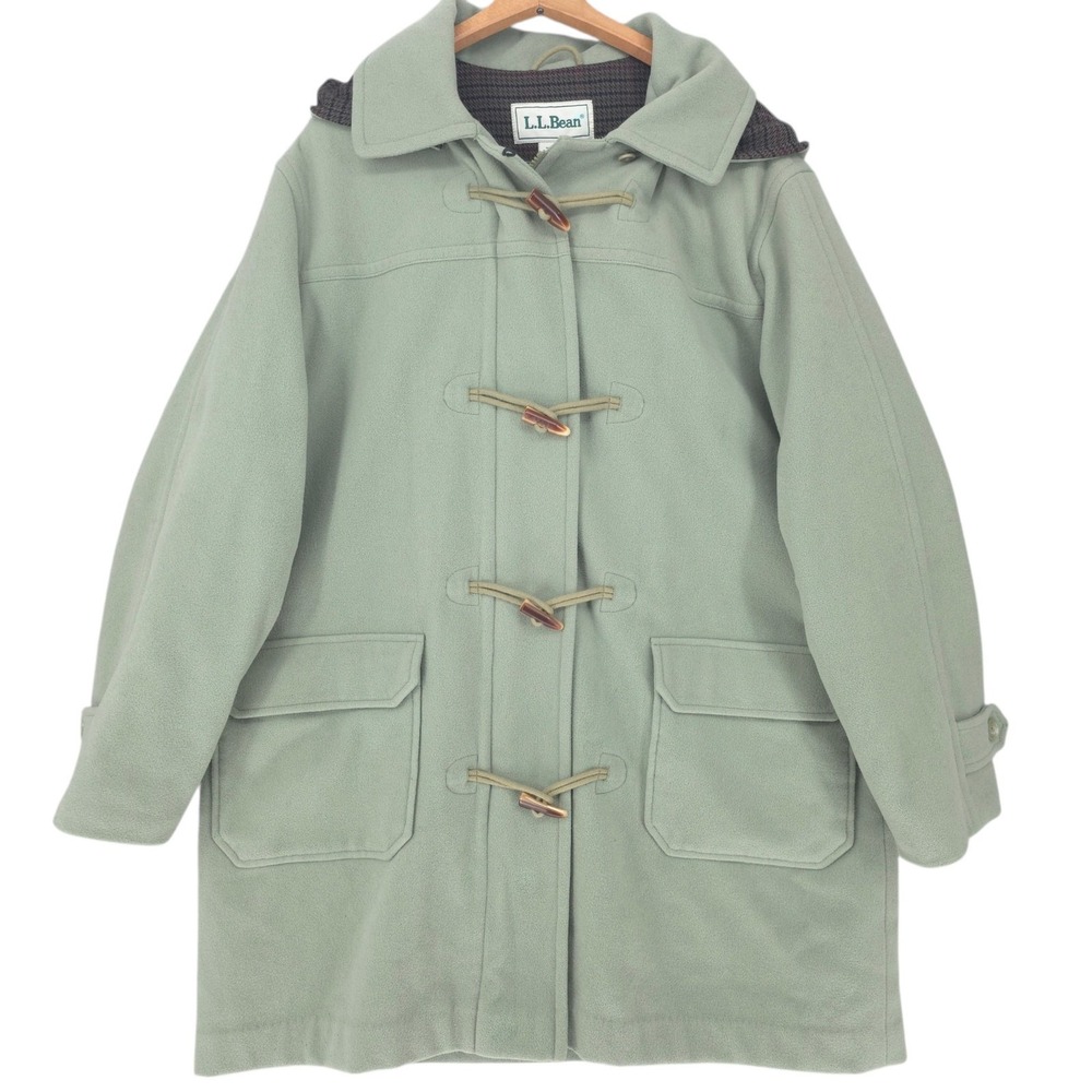 L.L.Bean Coat Womens Large Green Wool Hooded Toggle Duffle Parka Lined Insulated